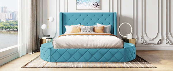 English Elm Upholstered Queen Platform Bed Velvet Wingback Storage Drawer with Side Stools LP100815AAC