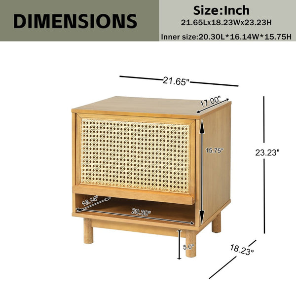 English Elm Wood and Rattan Nightstand with Lift Door Hidden Cabinet for Coastal Bedroom Decor N758P412497N