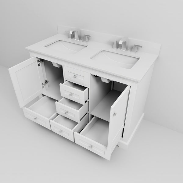 English Elm White Double Bath Vanity 48 in with White Quartz Top, Soft-Close Drawers, Chrome Faucet, Ample Storage B2731P258325