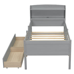 English Elm Wood Twin Size Platform Bed with Built-in LED Light, Multifunctional Headboard, Guardrail & Storage Drawers Gray N709P243969E
