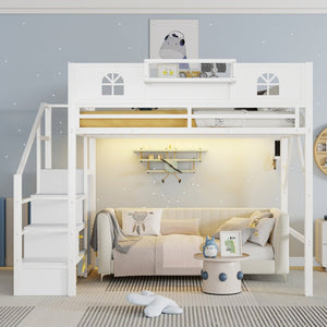 English Elm Full Size Steel Loft Bed with Staircase Storage Wardrobe Desk and Led Lighting White W2593S00056