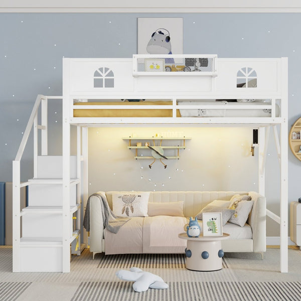 English Elm Full Size Steel Loft Bed with Staircase Storage Wardrobe Desk and Led Lighting White W2593S00056