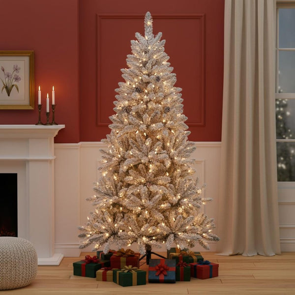 HomeRoots 7' White Pre Lit Flocked Fir Christmas Tree - Elegant Winter Wonderland Décor with 350 LED Lights 84 695024