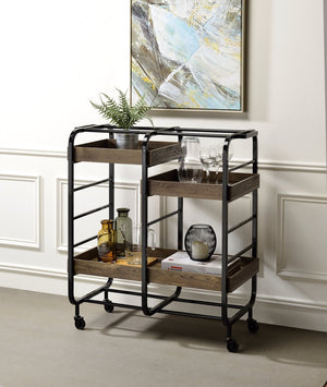 English Elm Vorrik Black & Walnut Finish Serving Cart with 3 Adjustable Wooden Trays, Metal Frame & Casters — Stylish Hostess Trolley B2726P272331