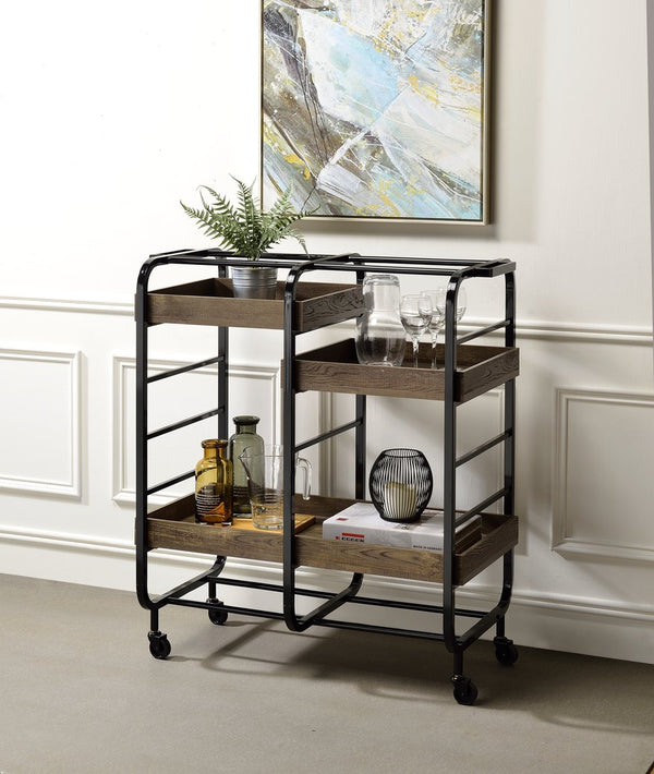 English Elm Vorrik Black & Walnut Finish Serving Cart with 3 Adjustable Wooden Trays, Metal Frame & Casters — Stylish Hostess Trolley B2726P272331