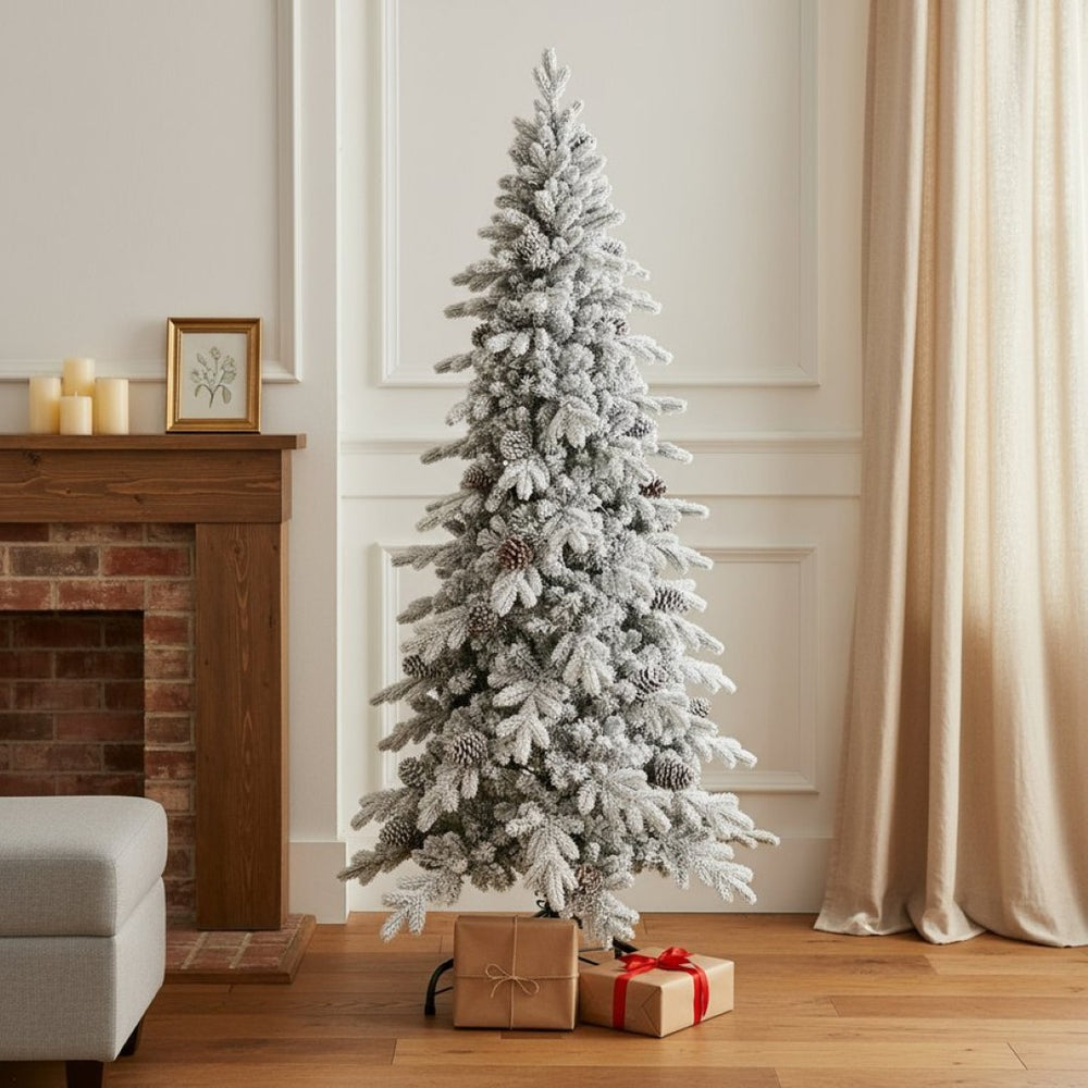 HomeRoots 7.5' Full Flocked Fir Christmas Tree - Lush, Realistic Snowy Design for Festive Holiday Decor 90 695050