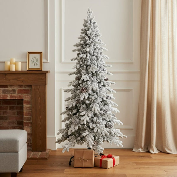 HomeRoots 7.5' Full Flocked Fir Christmas Tree - Lush, Realistic Snowy Design for Festive Holiday Decor 90 695050