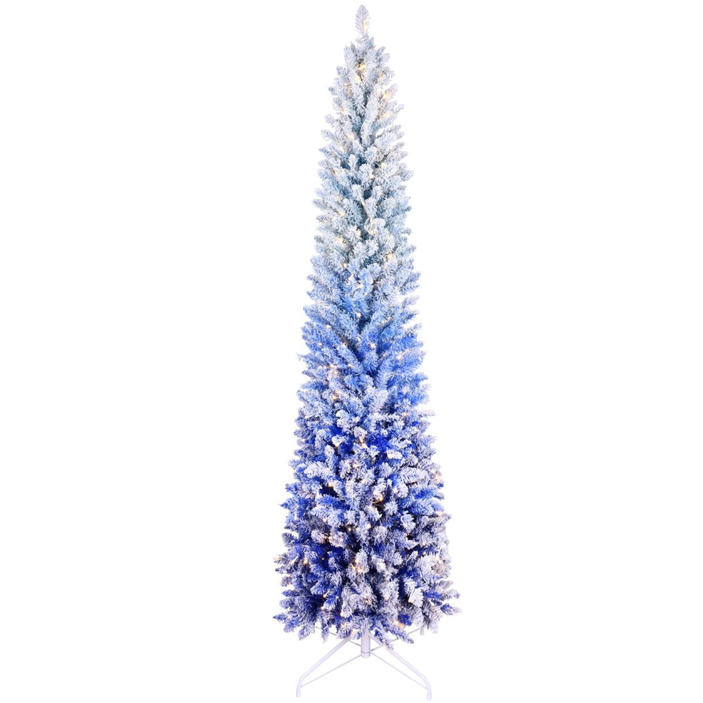 HomeRoots 6' Blue And White Pre Lit Slender Christmas Tree - Modern Flocked Design with 200 Warm LED Lights 72 695063