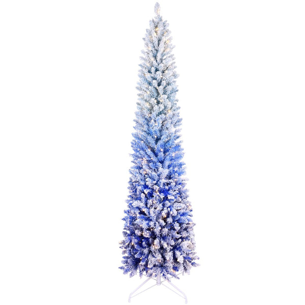 HomeRoots 6' Blue And White Pre Lit Slender Christmas Tree - Modern Flocked Design with 200 Warm LED Lights 72 695063