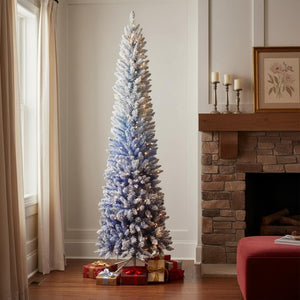 HomeRoots 6' Blue And White Pre Lit Slender Christmas Tree - Modern Flocked Design with 200 Warm LED Lights 72 695063