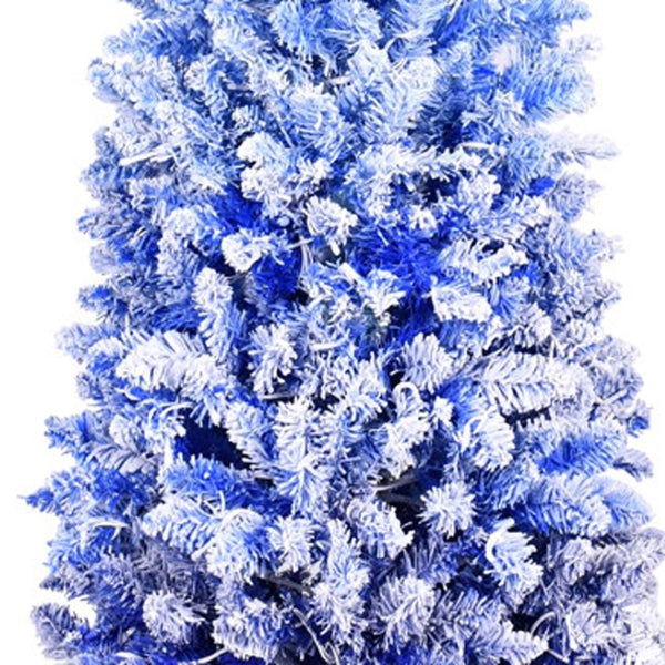 HomeRoots 6' Blue And White Pre Lit Slender Christmas Tree - Modern Flocked Design with 200 Warm LED Lights 84 695064