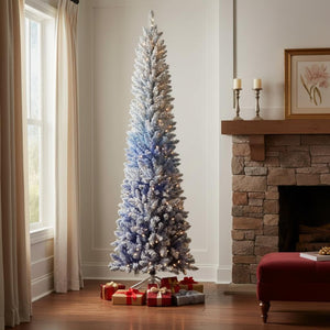HomeRoots 6' Blue And White Pre Lit Slender Christmas Tree - Modern Flocked Design with 200 Warm LED Lights 84 695064