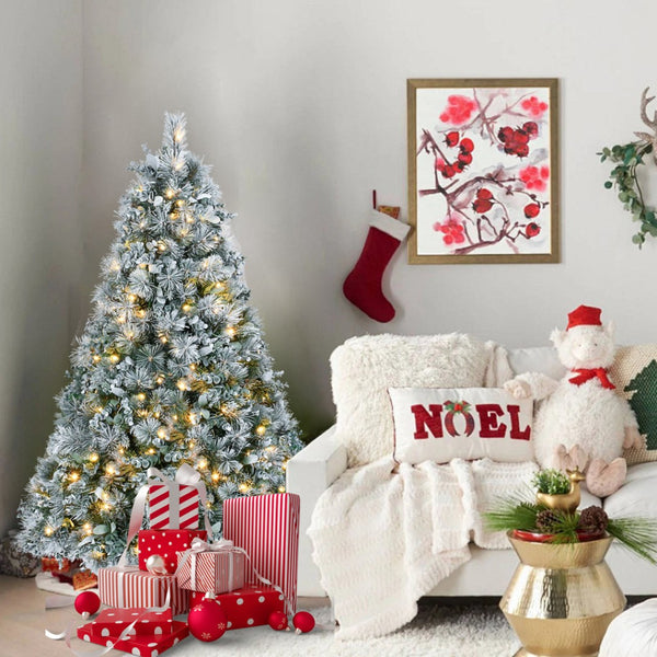 HomeRoots 4' Pre-Lit Flocked Fir Christmas Tree - Lifelike, Compact Design with 150 LED Lights for Any Space 695070