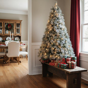 HomeRoots 4' Pre-Lit Flocked Fir Christmas Tree - Lifelike, Compact Design with 150 LED Lights for Any Space 695070