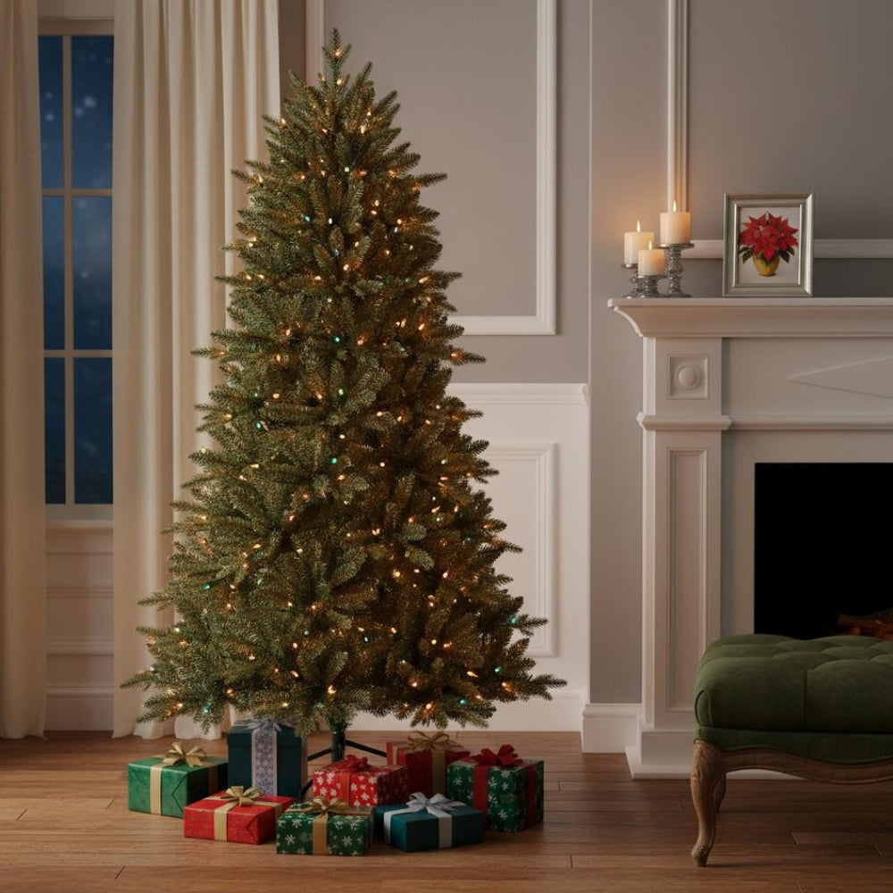 HomeRoots 7' Pre Lit Full Fir Christmas Tree - Lush, Realistic Design with 340 Multicolored Lights for Effortless Holiday Cheer 695076