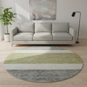 HomeRoots 8' Washable Round Rug in Artichoke Green, Ivory & Gray Stripes - Durable, UV Protected, Stylish Comfort 695087