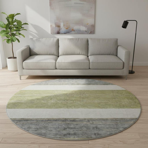 HomeRoots 8' Washable Round Rug in Artichoke Green, Ivory & Gray Stripes - Durable, UV Protected, Stylish Comfort 695087