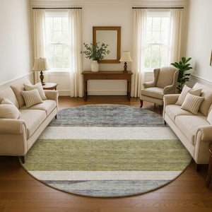 HomeRoots 8' Washable Round Rug in Artichoke Green, Ivory & Gray Stripes - Durable, UV Protected, Stylish Comfort 695087