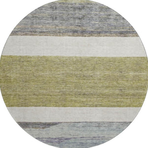 HomeRoots 8' Washable Round Rug in Artichoke Green, Ivory & Gray Stripes - Durable, UV Protected, Stylish Comfort 695087