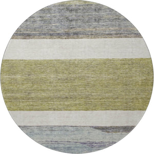 HomeRoots 8' Washable Round Rug in Artichoke Green, Ivory & Gray Stripes - Durable, UV Protected, Stylish Comfort 695087