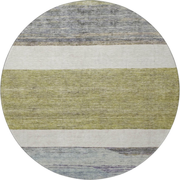 HomeRoots 8' Washable Round Rug in Artichoke Green, Ivory & Gray Stripes - Durable, UV Protected, Stylish Comfort 695087
