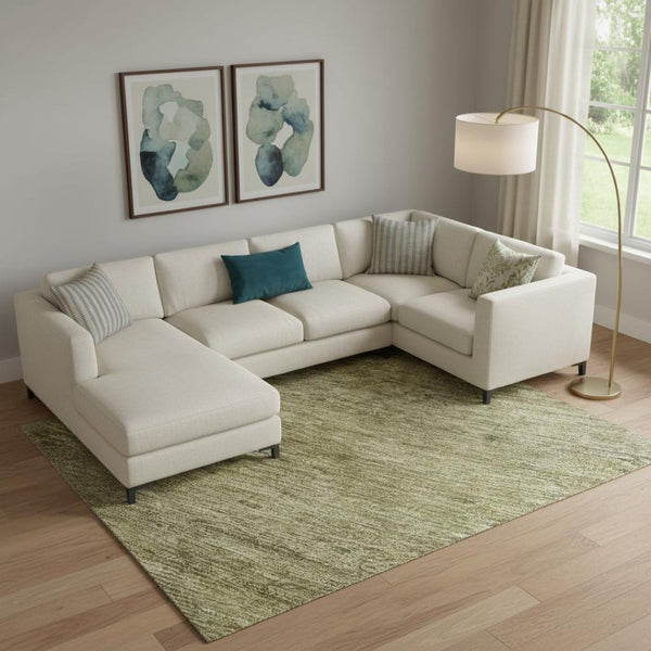 HomeRoots 9' X 12' Artichoke Green Ivory Gray Striped Area Rug – Washable, UV-Protected, Durable & Stylish! 695089