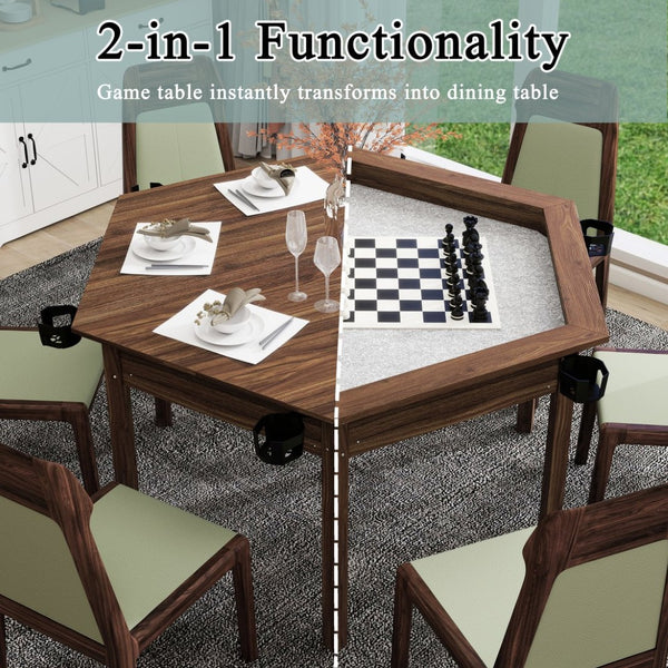 English Elm Board Game Table Hexagonal Dining Surface Removable Top Solid Pine Legs Seats Six W1120S00003