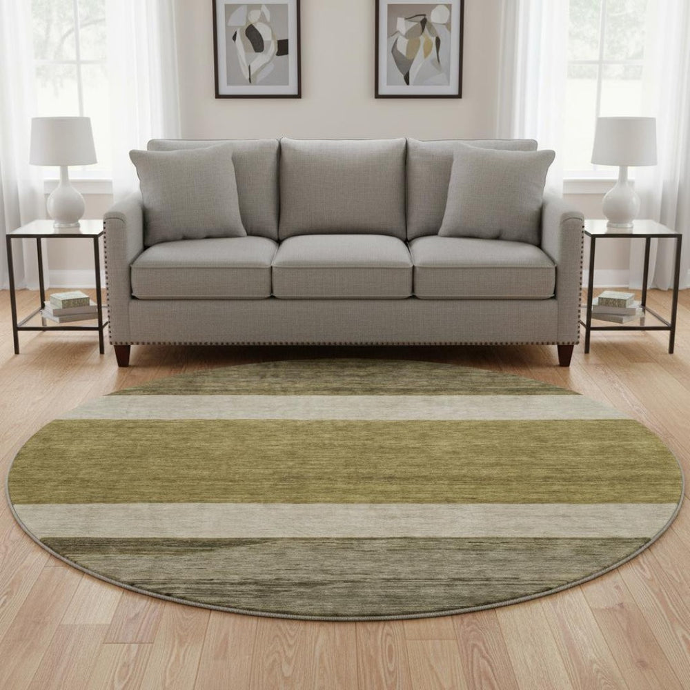 HomeRoots 8' Coffee Ivory and Gray Striped Washable Round Rug – UV Protected, Stain Resistant, Durable Style 695093