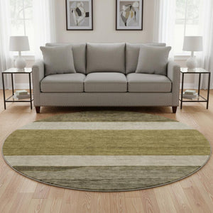 HomeRoots 8' Coffee Ivory and Gray Striped Washable Round Rug – UV Protected, Stain Resistant, Durable Style 695093