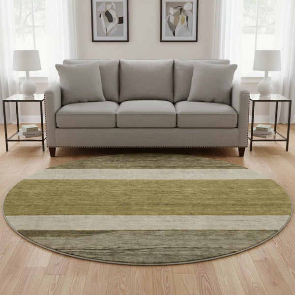 HomeRoots 8' Coffee Ivory and Gray Striped Washable Round Rug – UV Protected, Stain Resistant, Durable Style 695093