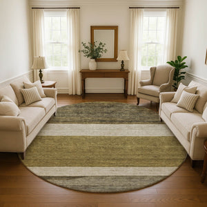 HomeRoots 8' Coffee Ivory and Gray Striped Washable Round Rug – UV Protected, Stain Resistant, Durable Style 695093