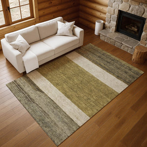 HomeRoots 10' X 14' Washable Area Rug in Coffee, Ivory & Gray Stripes - UV Protected, Pet-Friendly Comfort 695096