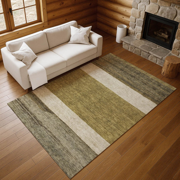 HomeRoots 10' X 14' Washable Area Rug in Coffee, Ivory & Gray Stripes - UV Protected, Pet-Friendly Comfort 695096