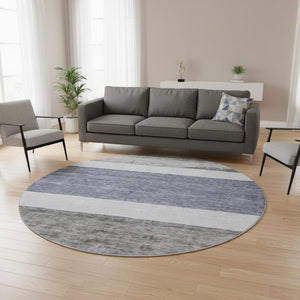 HomeRoots 8' Striped Washable Round Rug in Denim Blue, Ivory & Gray - UV Protection & Family-Friendly Design 695099