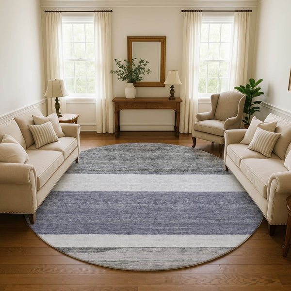 HomeRoots 8' Striped Washable Round Rug in Denim Blue, Ivory & Gray - UV Protection & Family-Friendly Design 695099