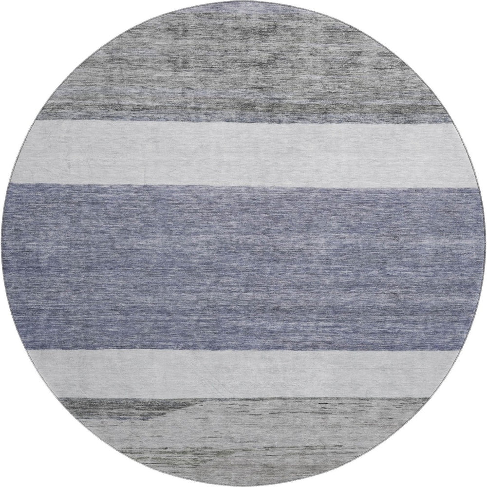 HomeRoots 8' Striped Washable Round Rug in Denim Blue, Ivory & Gray - UV Protection & Family-Friendly Design 695099