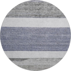 HomeRoots 8' Striped Washable Round Rug in Denim Blue, Ivory & Gray - UV Protection & Family-Friendly Design 695099