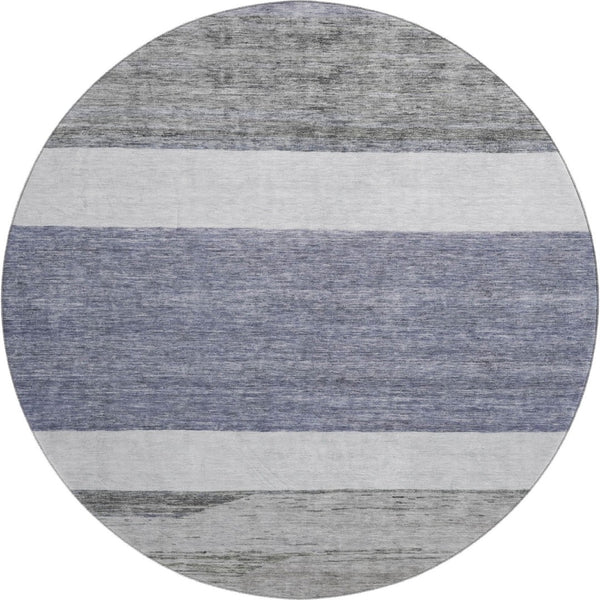 HomeRoots 8' Striped Washable Round Rug in Denim Blue, Ivory & Gray - UV Protection & Family-Friendly Design 695099