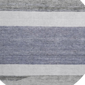 HomeRoots 8' Striped Washable Round Rug in Denim Blue, Ivory & Gray - UV Protection & Family-Friendly Design 695099