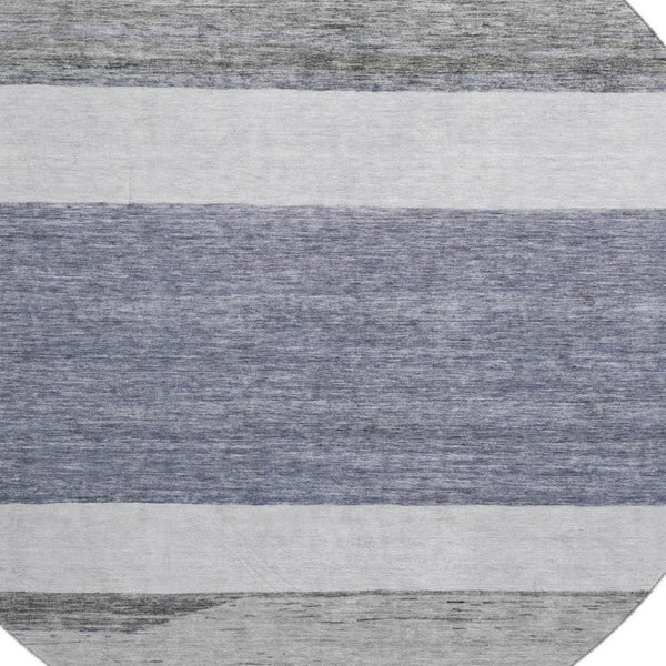 HomeRoots 8' Striped Washable Round Rug in Denim Blue, Ivory & Gray - UV Protection & Family-Friendly Design 695099