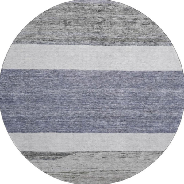 HomeRoots 8' Striped Washable Round Rug in Denim Blue, Ivory & Gray - UV Protection & Family-Friendly Design 695099