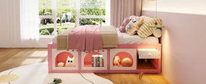 English Elm Full Size Kids Platform Bed with Led Lighting Bookshelf Display Cabinet and Storage Drawer Pink+White N820S00077H