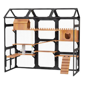 English Elm Large Pine Wood Catio Outdoor Cat Enclosure with Wire Mesh and Dual Plant Stands Black N704G201617B