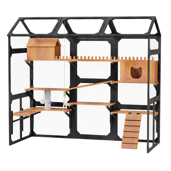 English Elm Large Pine Wood Catio Outdoor Cat Enclosure with Wire Mesh and Dual Plant Stands Black N704G201617B