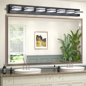 English Elm 45" Modern Black 7-Light Led Vanity Light Fixture - Sleek Acrylic Shades For Flattering Bathroom Illumination W2312P374876