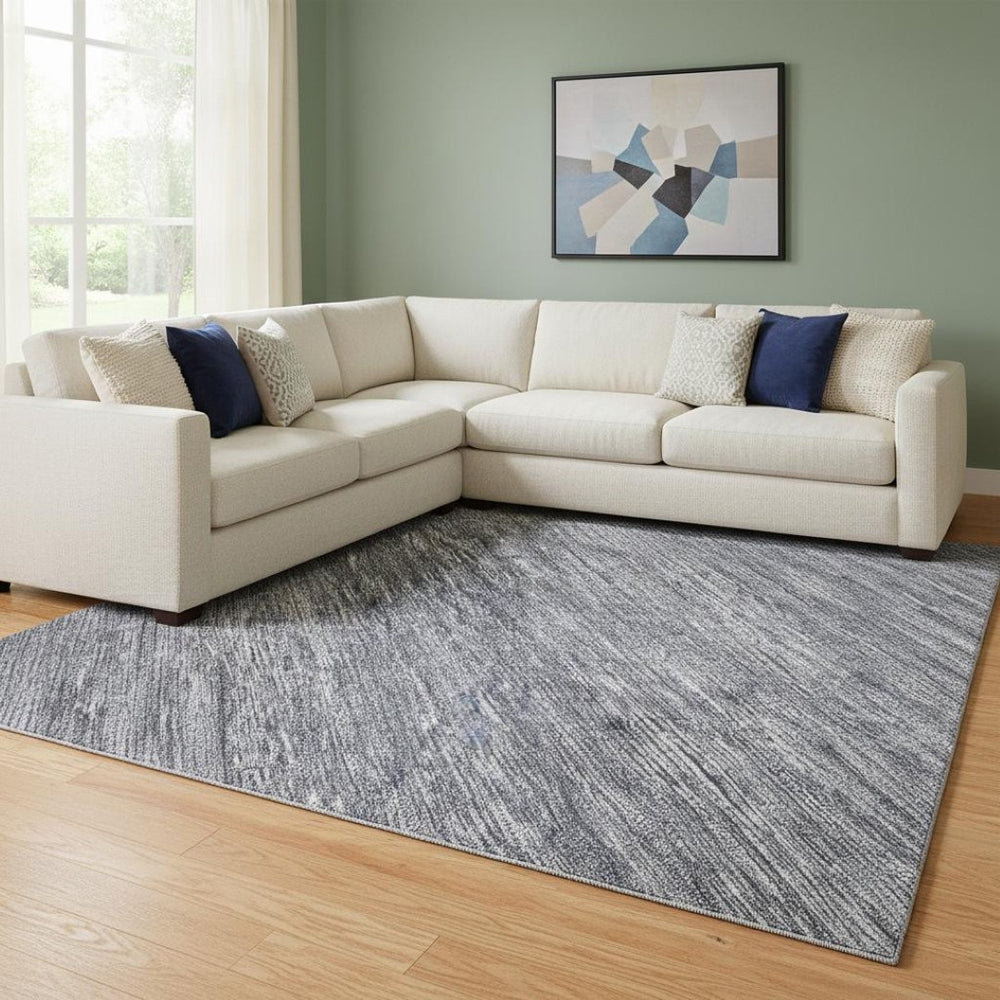 HomeRoots 8' X 10' Denim Blue Ivory Gray Striped Washable Area Rug - Durable, UV-Protected, Non-Slip Design! 695100