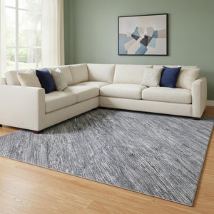 HomeRoots 8' X 10' Denim Blue Ivory Gray Striped Washable Area Rug - Durable, UV-Protected, Non-Slip Design! 695100