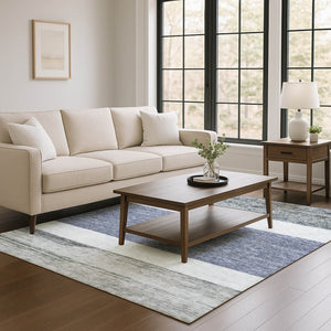 HomeRoots 10' X 14' Denim Blue, Ivory & Gray Striped Washable Area Rug - Durable, Stain Resistant & UV Protected! 695102