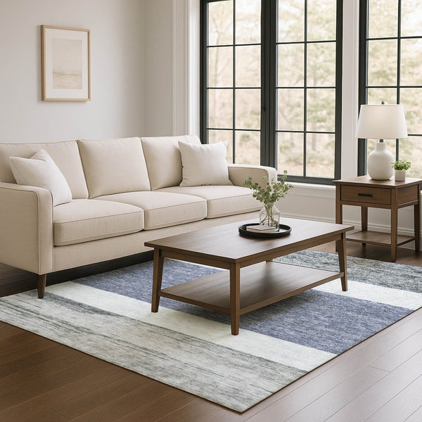 HomeRoots 10' X 14' Denim Blue, Ivory & Gray Striped Washable Area Rug - Durable, Stain Resistant & UV Protected! 695102