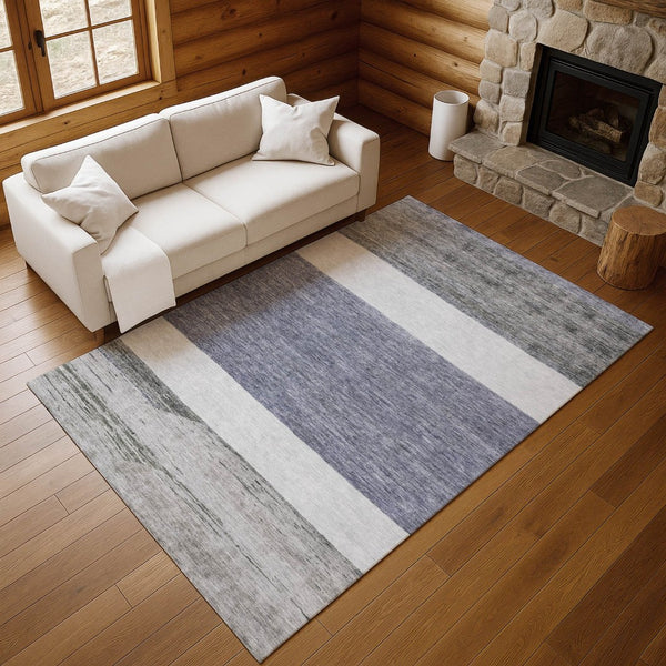 HomeRoots 10' X 14' Denim Blue, Ivory & Gray Striped Washable Area Rug - Durable, Stain Resistant & UV Protected! 695102